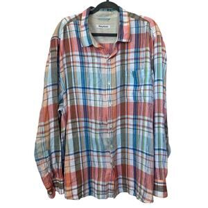 Tommy Bahama Plaid Linen Casual Button Down Shirt XXL Tall Vacation Relaxed $150